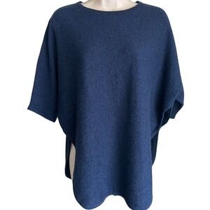 Kinross 100% Cashmere Navy Blue Poncho Sweater Kimono Sleeve Side Button XS